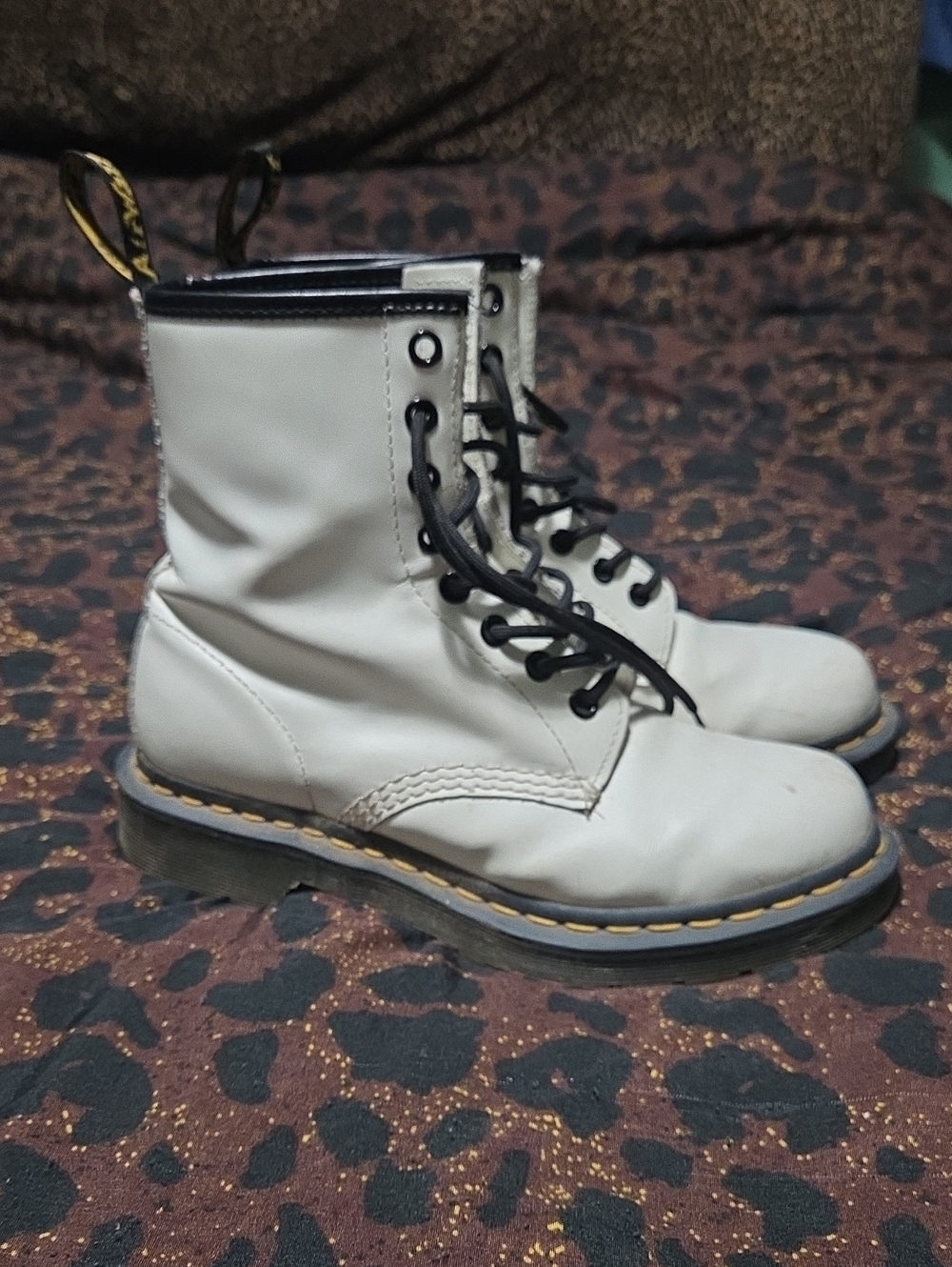 Dr. Martens White Leather Lace-Up Boots with Black Laces